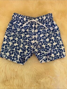 Janie and Jack Blue and White Tropical Print Swim Trunks